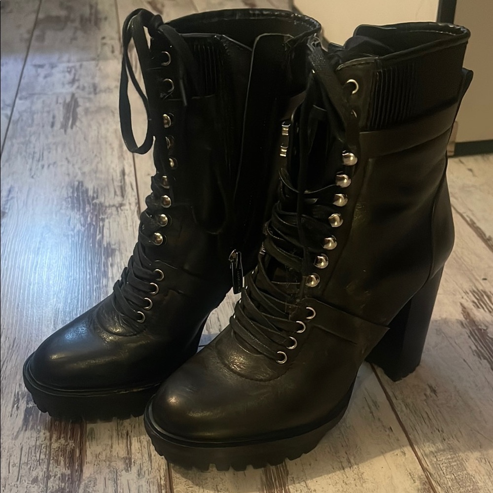 Vince Camuto Black Combat Boots with Mid-Calf Height and Thick Soles - Picture 2 of 4